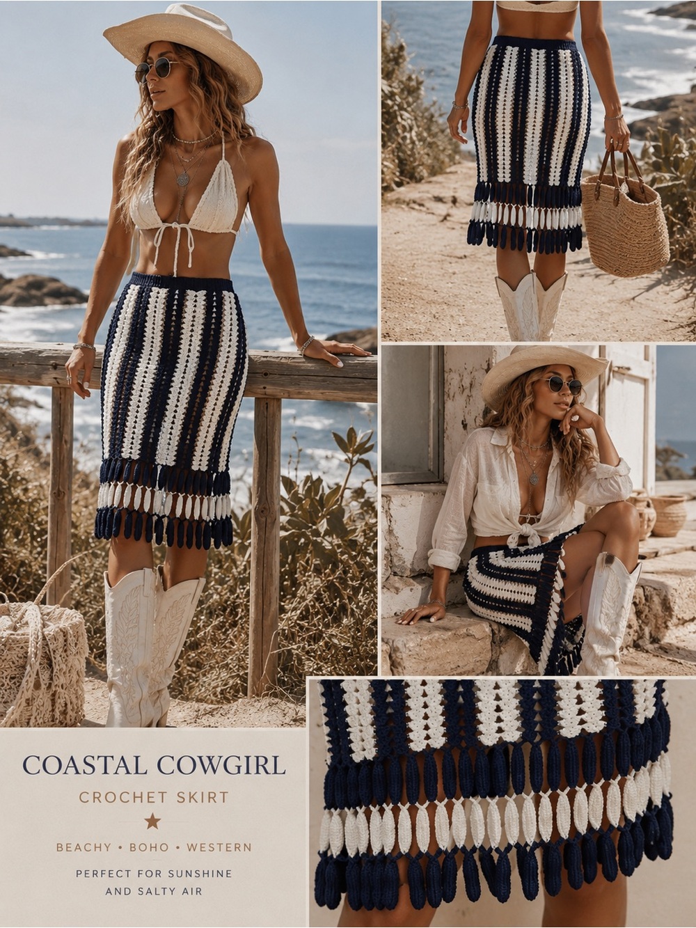 💕18💕 NWT Anthropologie Navy White Crochet Fringe Midi Skirt Size Small